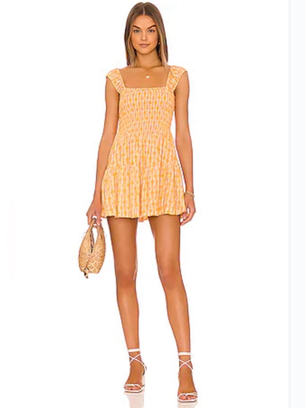 Free People Sweet Annie Smocked Square-Neck Mini Dress Sunshine Combo Sz Medium
